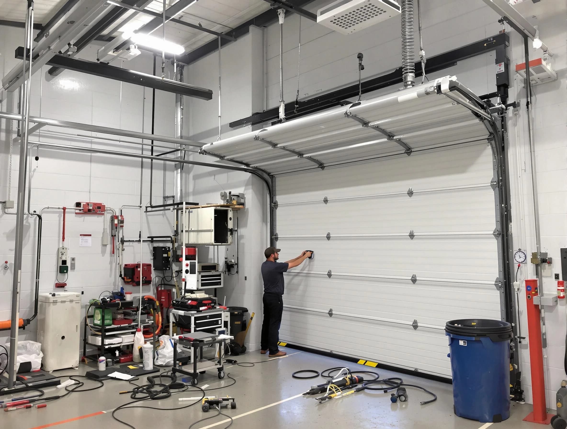 Shrewsbury Garage Door Repair certified technician performing commercial door repair at a Shrewsbury business facility