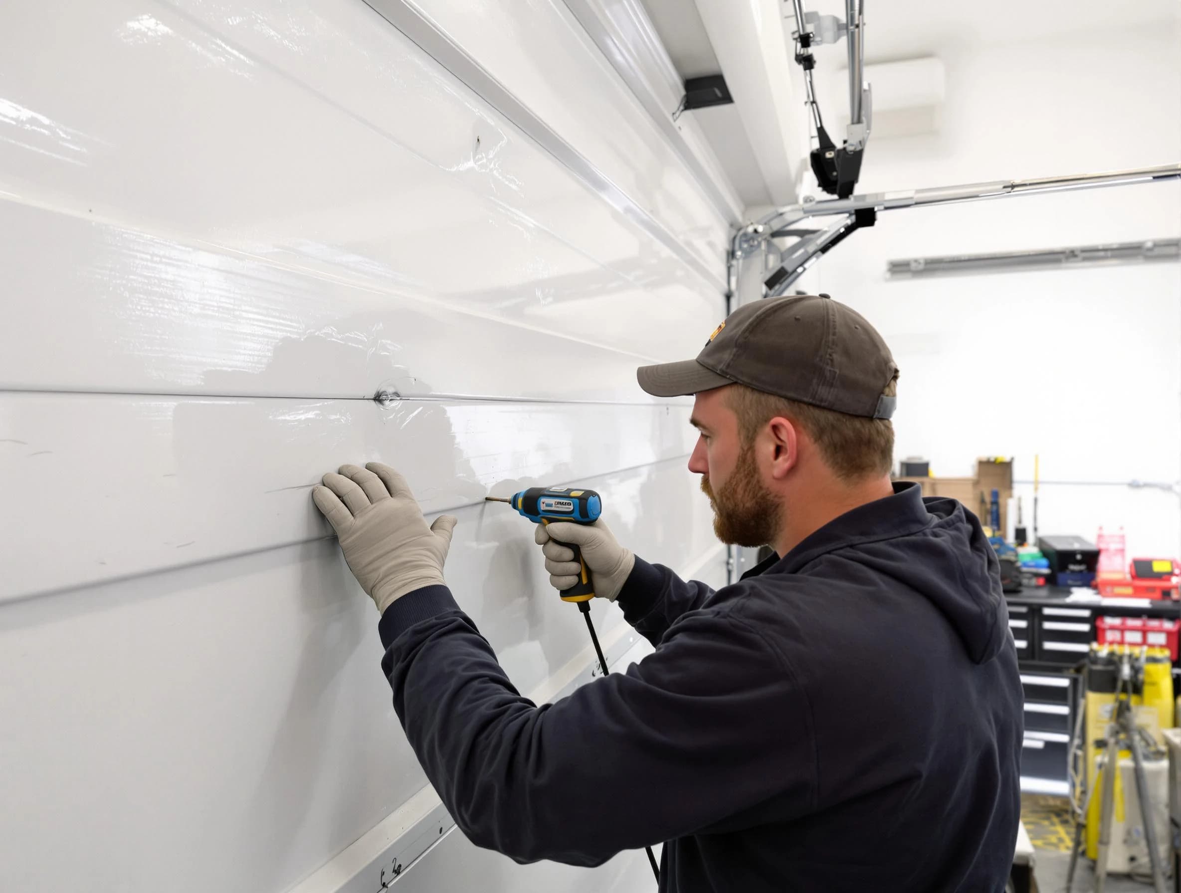 Shrewsbury Garage Door Repair technician demonstrating precision dent removal techniques on a Shrewsbury garage door