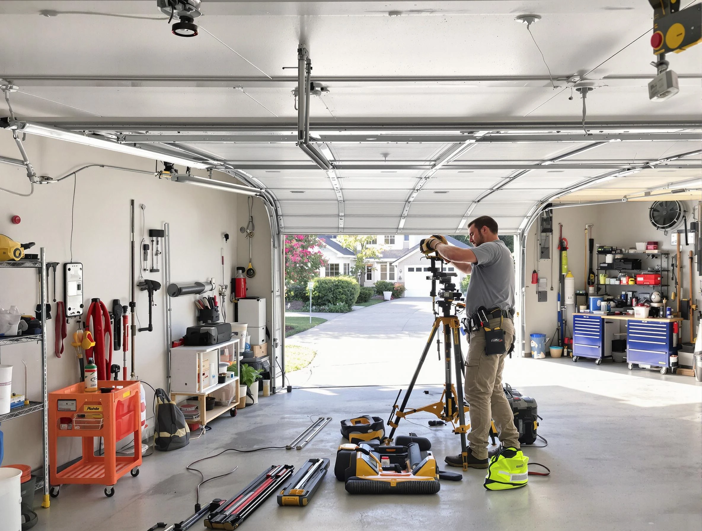 Shrewsbury Garage Door Repair specialist performing laser-guided track alignment in Shrewsbury